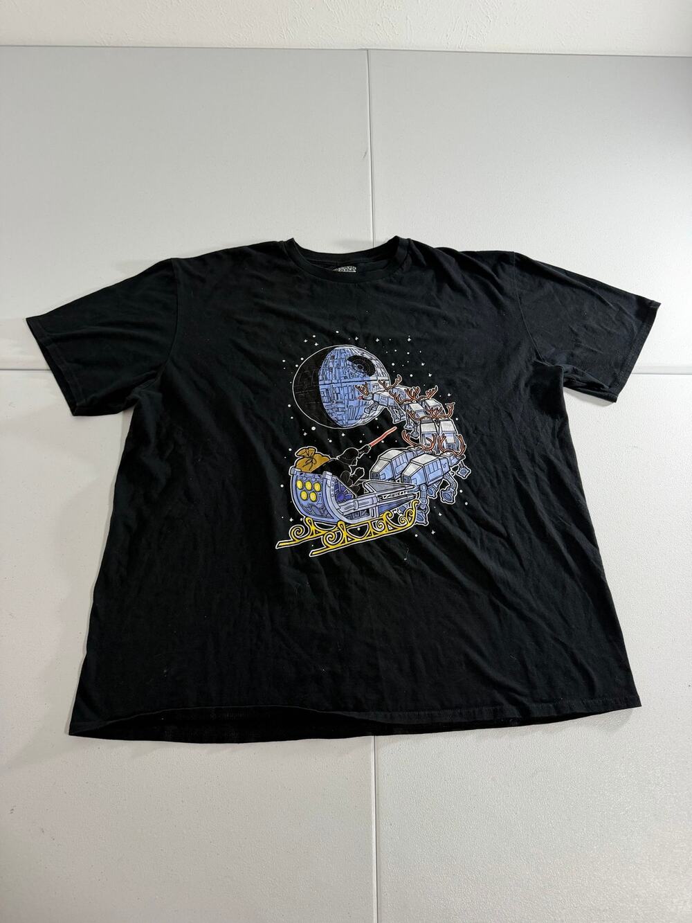 Star Wars Christmas T-Shirt Mens L/XL Black Darth Vader Sleigh Death Star
